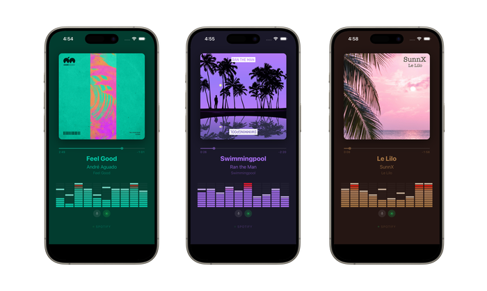 Three different tracks showing how the color theme adapts to each album's artwork